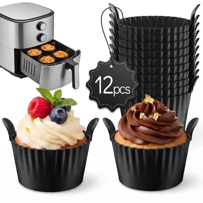 Immagine prodotto di Stampi in silicone per friggitrici ad aria, confezione da 12 pezzi, senza BPA, riutilizzabili, diametro 9 cm, colore nero