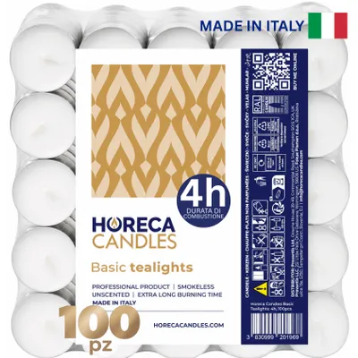 Immagine prodotto di HORECA CANDLES Candele Tealight 100 Pezzi Bianche, 4 Ore, Senza Profumo
