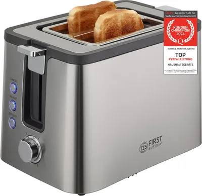 Produktbild von TZS First Austria Toaster, 2-Scheiben, Edelstahl, 800W, 6 Bräunungsgrade, Auftau- und Aufwärmfunktion