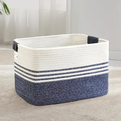 Immagine prodotto di Cesto per la biancheria, intrecciato, grande, 72 litri, corda di cotone, bianco e blu, 55x43x30 cm