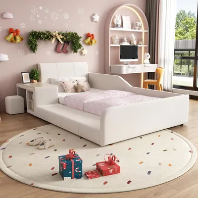 Produktbild von MODFU Kinder-Polsterbett 90x200 Einzelbett mit Lernschreibtisch,Jugendbett mit Hocker und Ablageboden,Kinderbett Bettgestell mit Holzlattenrost und weichem Kopfteil,ohne Matratze,Weiß