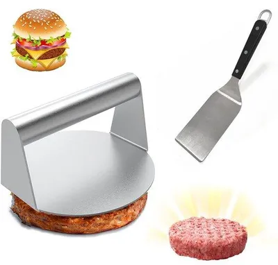 Produktbild von Ibenzoa® Burgerpresse 14 cm mit großer Grillspatel 15 x 7,6 cm & hitzebeständiger Bratbürste – lebensmittelechter Edelstahl, ergonomische Griffe
