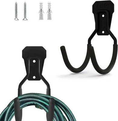 Produktbild von Famanu Halter für Gartenschläuche zur Wandmontage - Schwarzer Aufbewahrungshaken für Garten und Garage