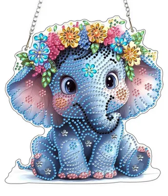 Image de Panneaux décoratifs pour fenêtre, technique diamant, motifs éléphants et fleurs, double face, dimensions 20x20 cm