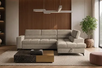 Produktbild von Sofiland BEVIANO Ecksofa Schlaffunktion Bettkasten 275 cm Chenille Beige rechts