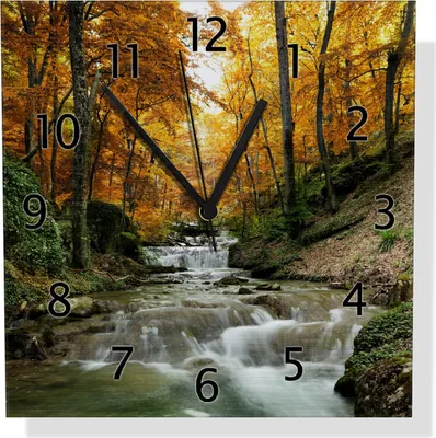 Produktbild von Wallario Design Wanduhr Kleiner Bach über Steine im Herbstwald aus Aluverbund, Größe 30 x 30 cm