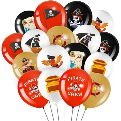 Productafbeelding van Ballonnen, 45 stuks, latex, 12 inch, zwart, rood, met opdruk van een schedel, geschikt voor een feest, piratenthema