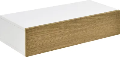 A product shot of a wall shelf with a white top and a wood-grain front.