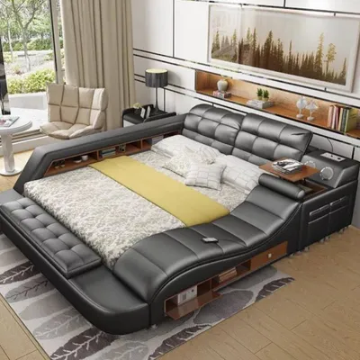 Image de Bett Doppel, étagères intégrées, matelas en cuir, lits multifonctions avec fonction de massage