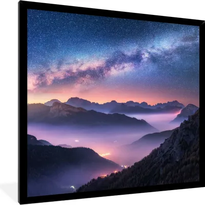 Produktbild von MuchoWow® Gerahmtes Poster Berge - Sternenhimmel - Nebel 40x40 cm - Poster mit Schwarzem Bilderrahmen Wandposter Rahmen Foto Bilder - Mit Rahmen - Wanddekoration Schlafzimmer