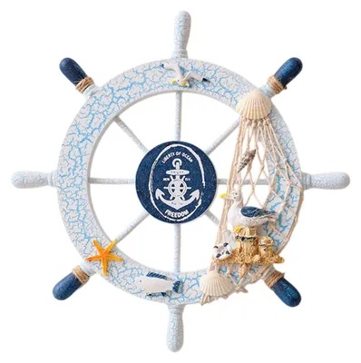 Produktbild von 11 Zoll großes nautisches Strand-Wandbild aus Holz mit Steuerrad, Seestern und Hanfseil, ideal für Wohnzimmer und Badezimmer