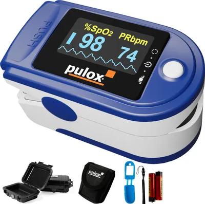 A blue and white pulse oximeter with accessories displayed below it.