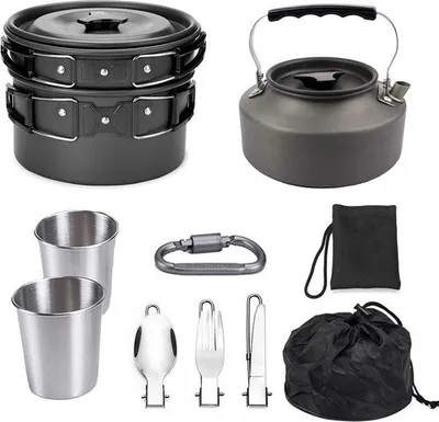 Obrázok produktu pre Súprava riadu - 9-dielna - na kempovanie, outdoorové aktivity, turistiku, pikniky, grilovanie, skladacie kempingové panvice - bezpečné a bez BPA - vhodné pre 2-3 osoby