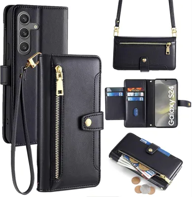 Produktbild von Handykette Samsung Hülle mit Band Handyhülle Kartenfächer Kunstleder Umhängetasche Galaxy S24 Schwarz