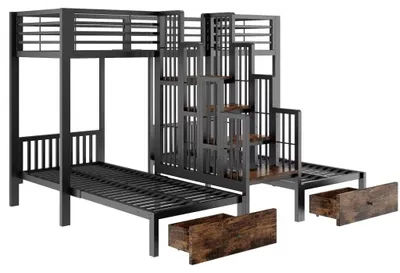 Productafbeelding van Stapelbed - Metalen en houten frame - Centrale trap - Veiligheidsreling - Lades onder het bed - 90 x 200 cm - Zwart