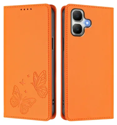 Image de Étui en cuir pour Infinix Smart 20, étui de protection type portefeuille en cuir gaufré « papillon » avec support, couleur orange