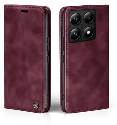 A burgundy flip case for a smartphone is shown from two angles.