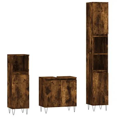 Three wooden bathroom cabinets of different sizes are displayed against a white background.