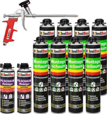 Produktbild von Isolbau Bauschaum-Set - Inkl. 8x 1K Montageschaum Pistolenschaum (je 750 ml), 1x Schaum-Pistole & 2xPU-Schaum-Reiniger (500 ml)