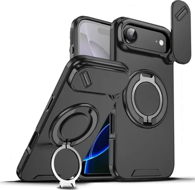 Image de Coque double couche pour iPhone Air, avec couvercle coulissant pour l'appareil photo et support magnétique en forme d'anneau Noir