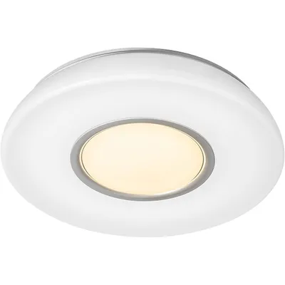 A white ceiling light with a gray trim and a warm yellow light in the center.