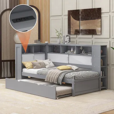 Image de Lit de repos enfant 90x190/200cm gris (aggloméré) : sans matelas, lit gigogne + canapé-lit, rangement + USB