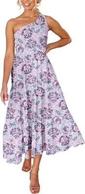 Image de ASKSA Robes Femme Eté Bohème Maxi Robe Epaule Sans Manches Robe Fleurie Ruffles Robes Longues, Bleu, L