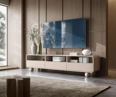 Produktbild von MOEBLO TV-Schrank BERLIN RTV180 – Lowboard mit 3 offenen Fächern, 3 Schubladen und Tip-on (BxHxT): 180x44x39 cm - Kaschmir