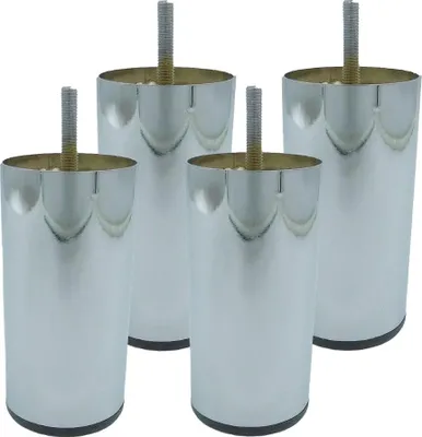 Four silver cylindrical furniture legs with threaded bolts are arranged in a group against a white background.