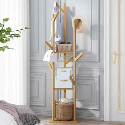Produktbild von Freistehender Garderobenständer aus Holz mit 9 Haken und 3 Ablagefächern, Dreieck-Basis, Kleiderständer für Kleidung, Hüte und Taschen, ideal für Flur