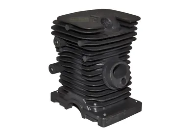 A black metal cylinder and piston kit for a chainsaw, shown in a studio setting against a white background.