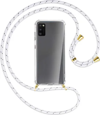 Produktbild von Handykette Backcover-Schutzhülle mit Band (Metall goldfarben) für Samsung Galaxy A41 (A415) - weiß/grau