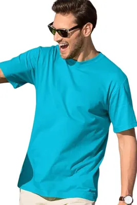 Zdjęcie produktu dla T-shirt męski na lato, 100% bawełna, bez nadruku, jednolity kolor, 145 g/m2, kolor turkus, rozmiar L