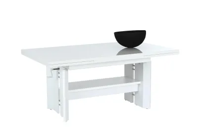 Produktbild von Couchtisch mit Funktionen, Sofatisch Dario - Weiß Hochglanz - ausziehbar + höhenverstellbar - Ablageboden - 110-180x68x50-60cm - Scherenbeschlag