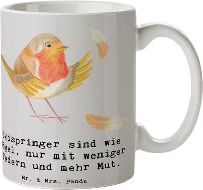 Produktbild von Mr. & Mrs. Panda Kaffeebecher Skispringen Mut - Grau Pastell - Geschenk, Tasse, Humor, Pott, Kaffeepott, Sport, mit Spruch, Sportler Geschenke, Kaffeetasse, Schneesport