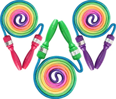 Produktbild von com-four® 3x Springseile für Kinder - Sprungseile in Regenbogenfarben - Hüpf- und Gymnastikseil - Springschnur 210 cm - Trainingseil [Auswahl variiert]