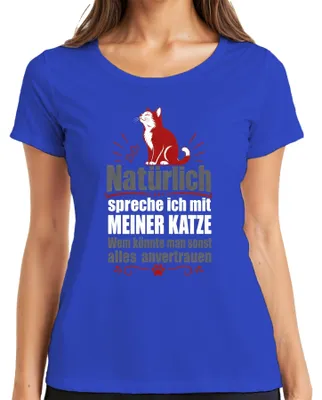 Immagine prodotto di Maglietta da donna, colore blu, taglia L, con la scritta "Certo che parlo con il mio gatto" e un'immagine sarcastica di un gatto