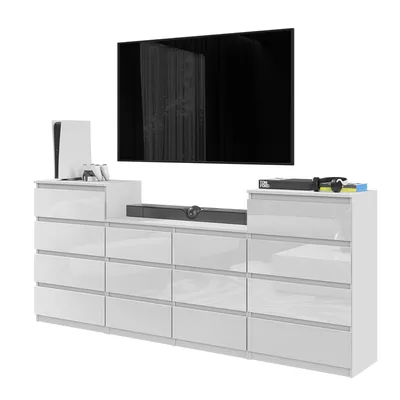 Zdjęcie produktu dla Komoda 220 Cm Biały Mat/Biały Połysk 14 Szuflad, Zestaw Trzech Komód, Salon