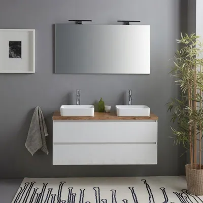 Immagine prodotto di Mobile bagno sospeso 120cm bianco lucido con top rovere e specchio con lampade | Benaco