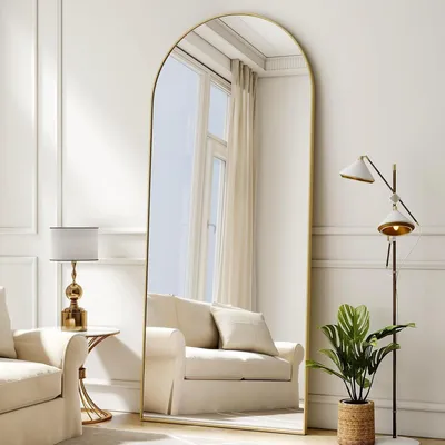 Zdjęcie produktu dla Lustro stojące, pełne, 165x60 cm, łukowe, złote, HD, odporne na stłuczenia. Możliwość montażu jako lustro ścienne