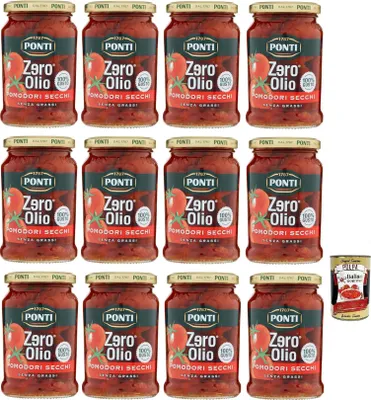 Produktbild von 12x Ponti Pomodori Secchi Zero Olio,Ohne Öl,Getrocknete Tomaten,Fettfrei,Glas 300g + Italian Gourmet Polpa di Pomodoro 400g Dose