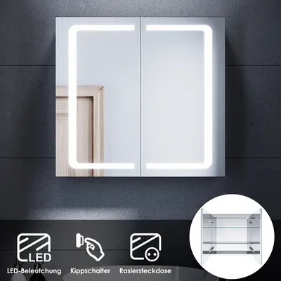 Immagine prodotto di SONNI armadietti a specchio in acciaio inox 70x65x13cm con interruttore a levetta LED con presa per rasoio