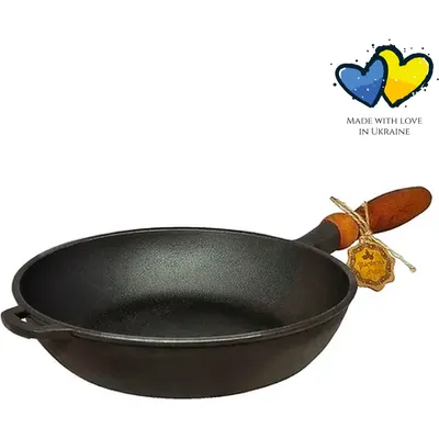 Image de Poêle en fonte avec poignée en bois - ø 26 x 6 cm - Cuisine traditionnelle - Poêles - Cadeau pour les amateurs de cuisine - Poignée en bois - Sans  - Noir
