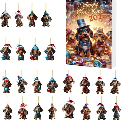 Produktbild von 2025 Weihnachts-Dackel-Adventskalender, 24 Tage Countdown bis zur Weihnachtsdekoration, Sammlerstück, 2D-Acryl-Hundeanhänger-Set zum Aufhängen für die Inneneinrichtung