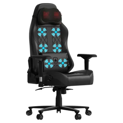 A black gaming chair with blue accents and red massage nodes.