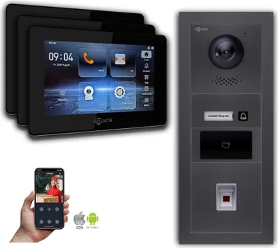 Produktbild von Goliath IP Video Türsprechanlage 7-Zoll Fingerprint RFID Anthrazit : 3 Monitore : 7 Zoll Schwarz : Unterputzdose Monitor Anzahl: 3 Monitore Monitor Farbe: 7 Zoll Schwarz Montage: Unterputzdose