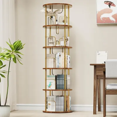 Zdjęcie produktu dla Obrotowa półka na książki 360°, wolnostojąca półka drewniana, 5 poziomów