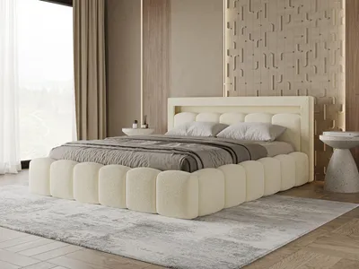 Produktbild von Chilly Möbel LUMI Polsterbett 200x200 cm mit Bettkasten & LED-Beleuchtung – Doppelbett Bouclé Beige, Metallrahmen, Lattenrost & großer Stauraum - Quelle 02