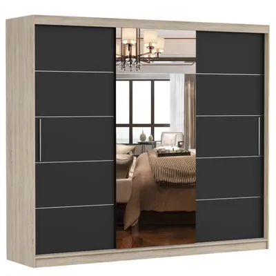 Produktbild von Schwebetürenschrank Kleiderschrank Schrank mit Spiegel 250cm Sonoma/Schwarz Alba