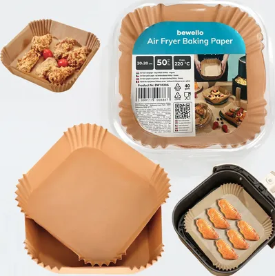 Produktbild von Bewello Airfryer-Backpapier quadratisch – 23 x 23 cm – Airfryer-Backpapier XXXL – Airfryer-Einwegbehälter – 50 Stück